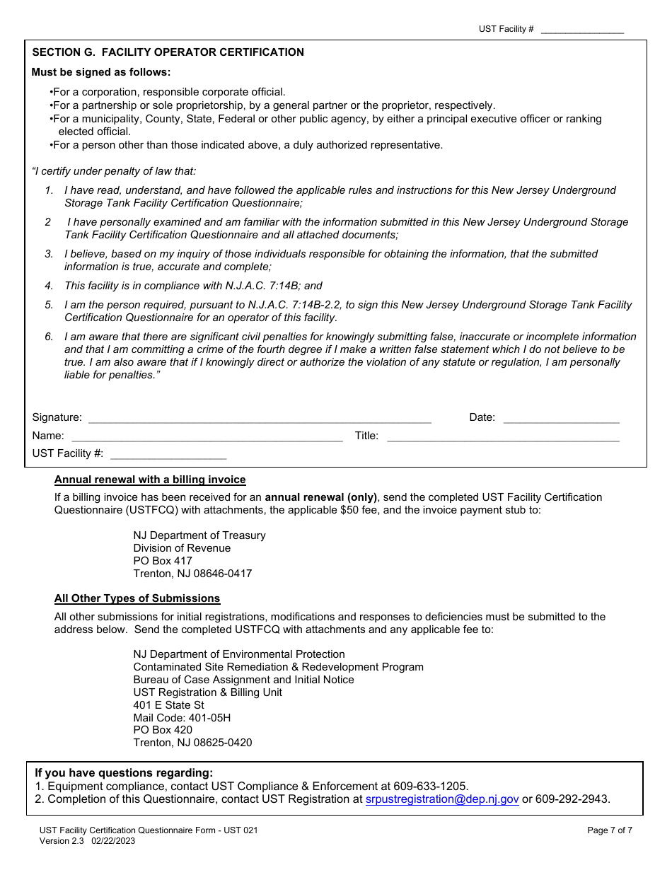 Form UST021 Underground Storage Tank Facility Certification Questionnaire - New Jersey, Page 7