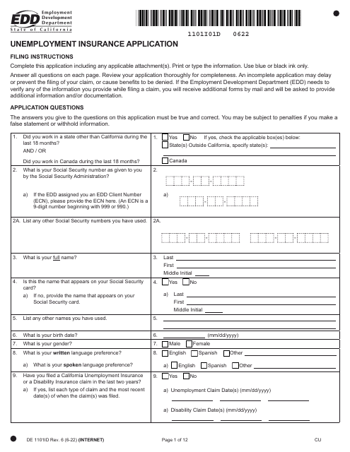 Form DE1101ID  Printable Pdf