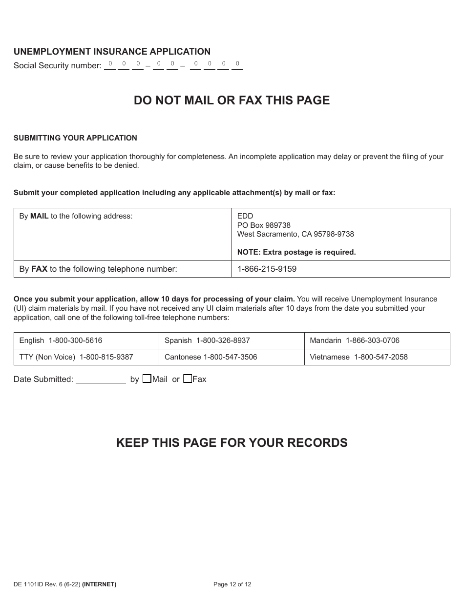 Form DE1101ID Unemployment Insurance Application - California, Page 12