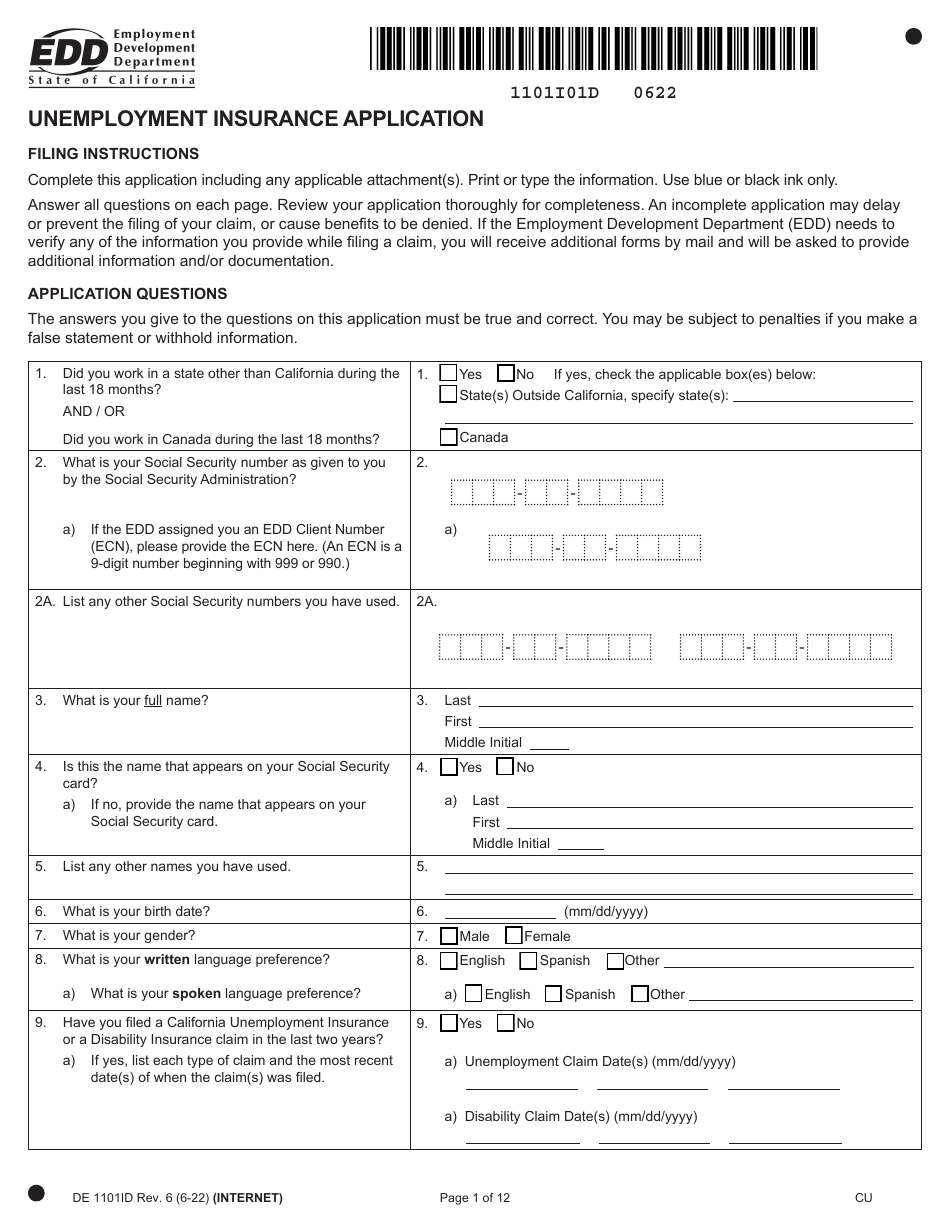 Form DE1101ID Unemployment Insurance Application - California, Page 1