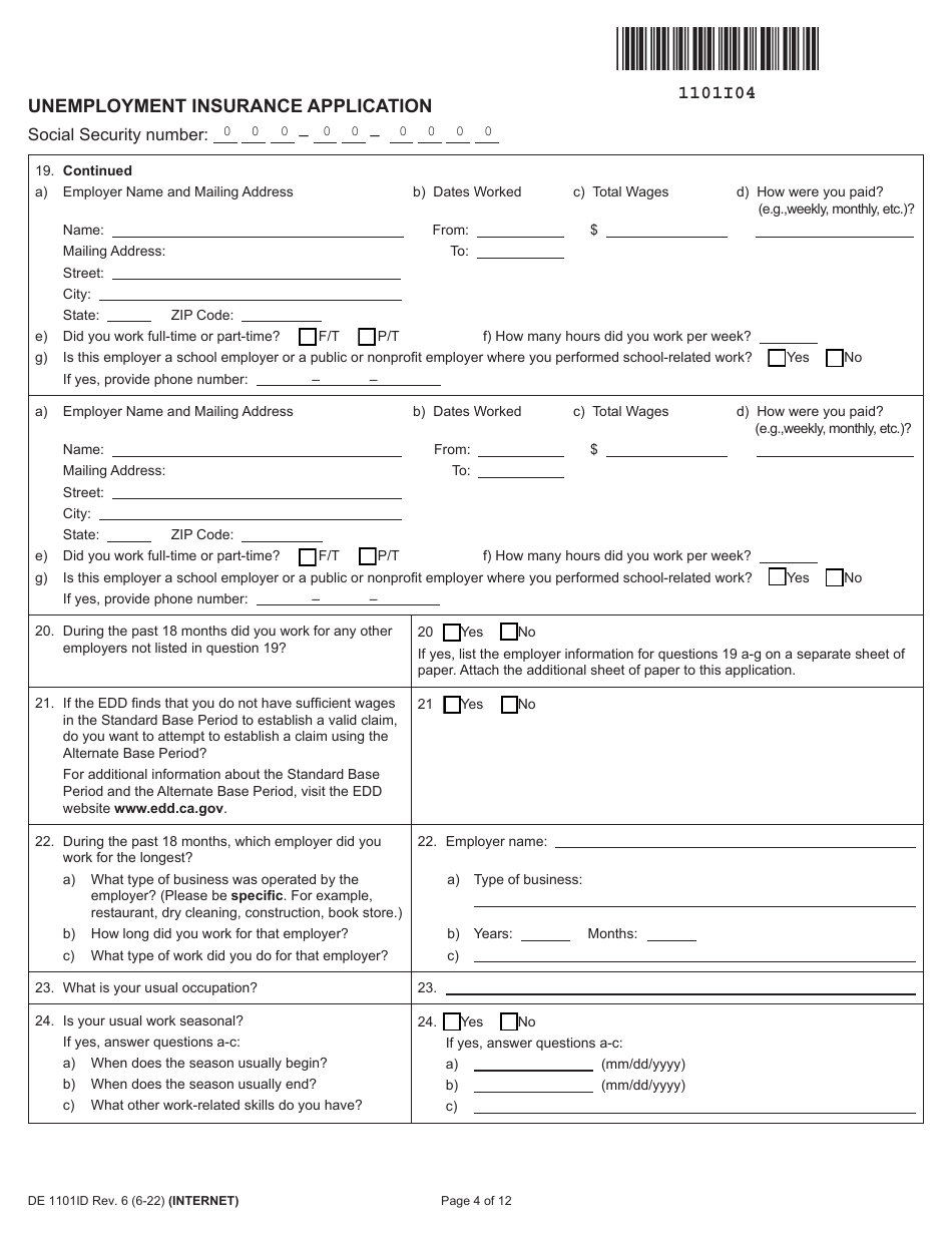 Form DE1101ID Unemployment Insurance Application - California, Page 4