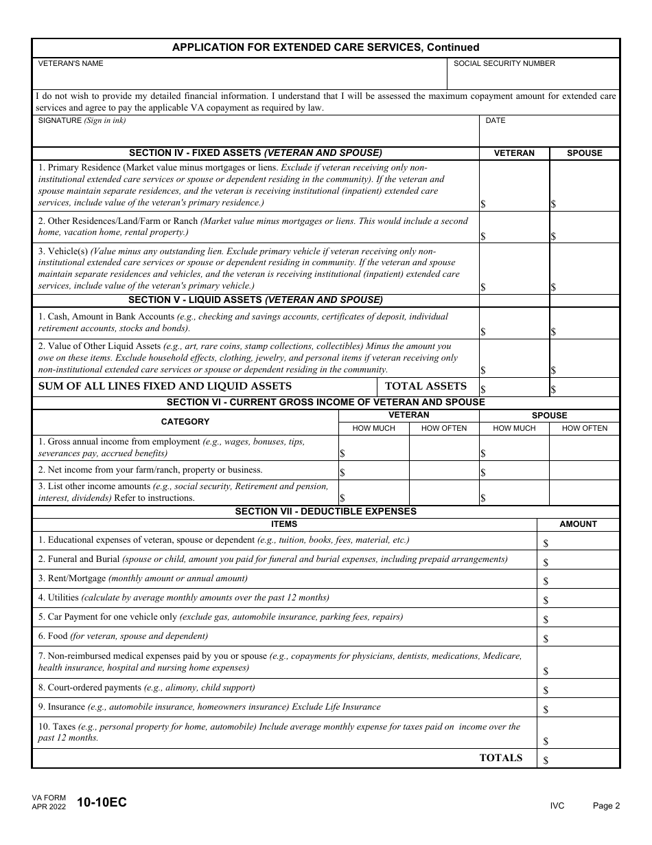 VA Form 10-10EC Application for Extended Care Services, Page 4