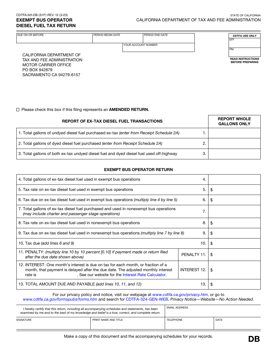 Form CDTFA-501-DB Exempt Bus Operator Diesel Fuel Tax Return - California, Page 1