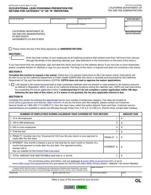 Form CDTFA-501-LA Occupational Lead Poisoning Prevention Fee Return for Category "a" or "b" Reporting - California