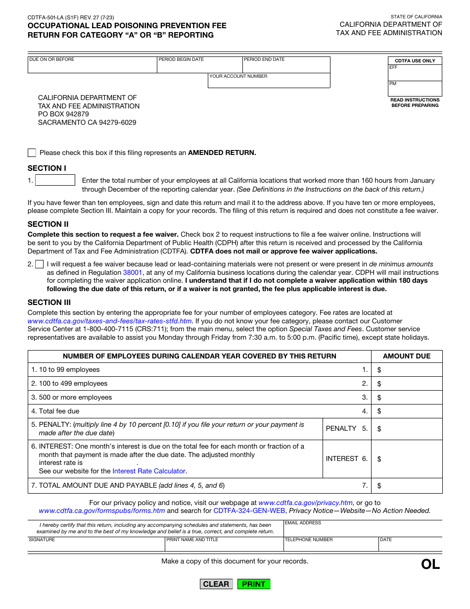 Form CDTFA-501-LA Occupational Lead Poisoning Prevention Fee Return for Category a or b Reporting - California, Page 1