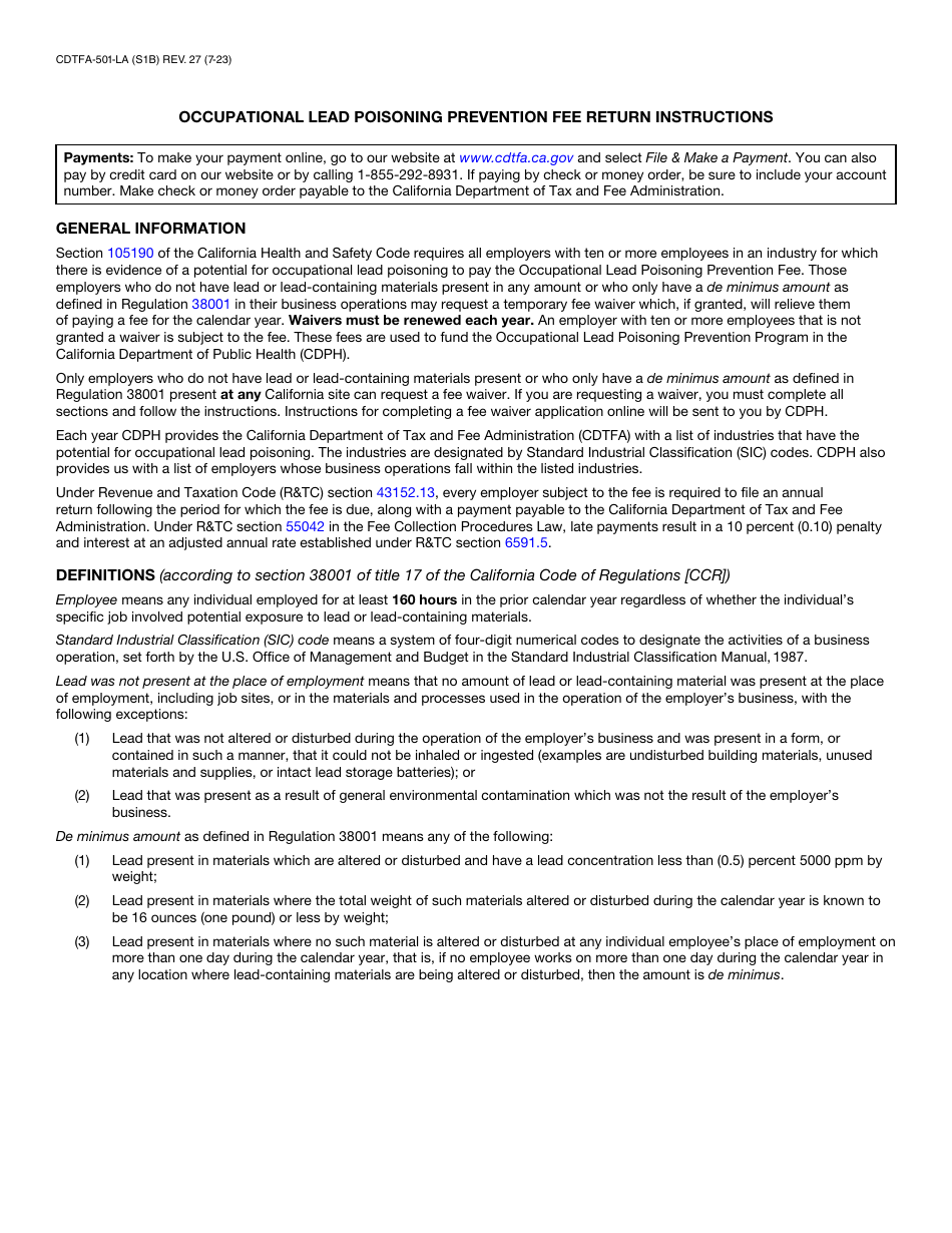 Form CDTFA-501-LA Occupational Lead Poisoning Prevention Fee Return for Category a or b Reporting - California, Page 2