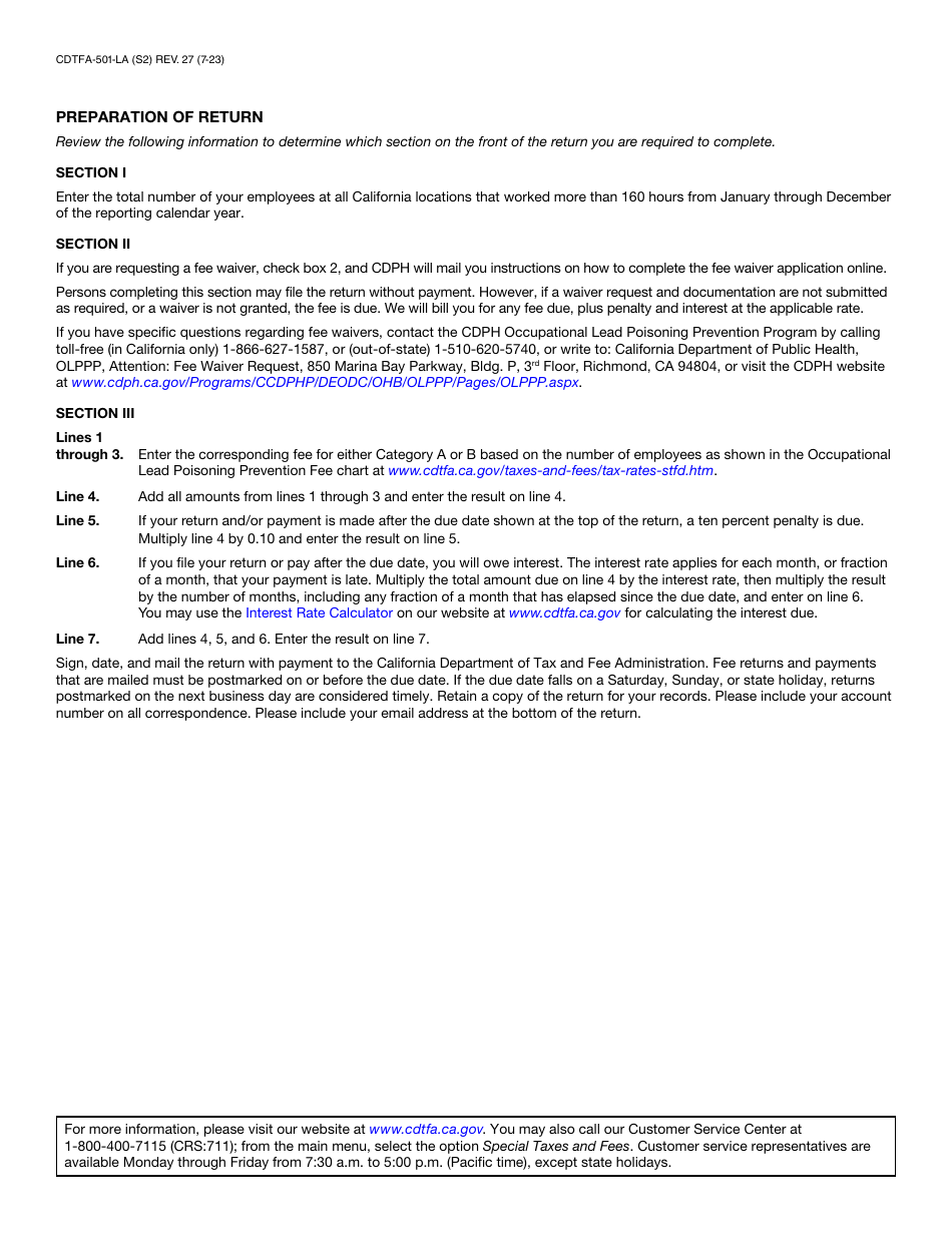 Form CDTFA-501-LA Occupational Lead Poisoning Prevention Fee Return for Category a or b Reporting - California, Page 3