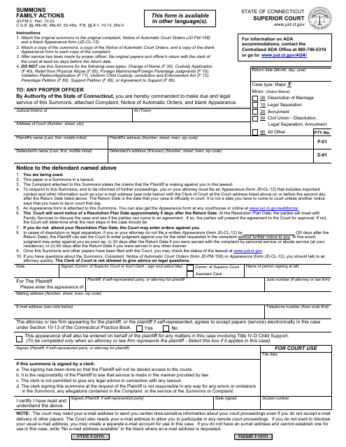 Form JD-FM-3 Summons - Family Actions - Connecticut