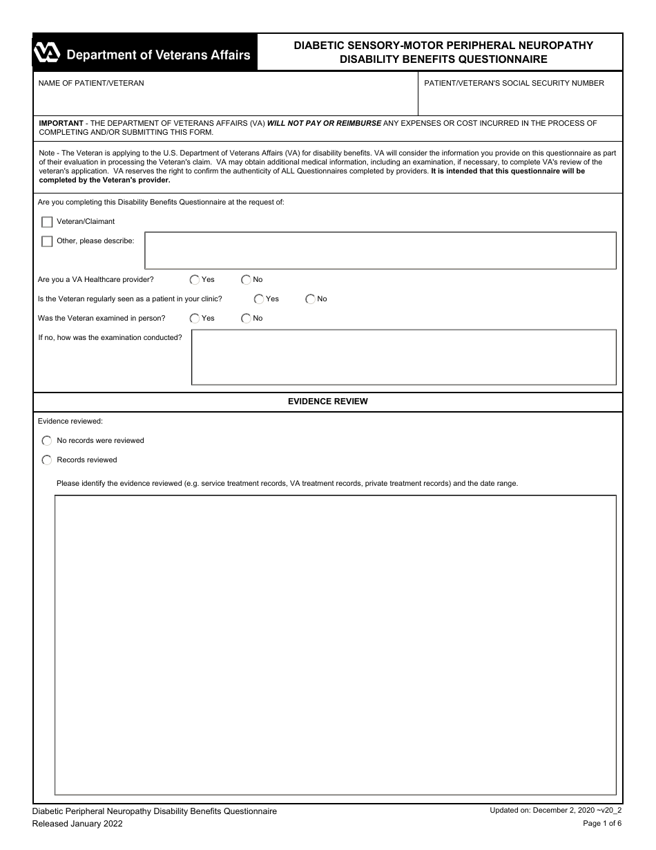 Diabetic Sensory-Motor Peripheral Neuropathy Disability Benefits Questionnaire, Page 1