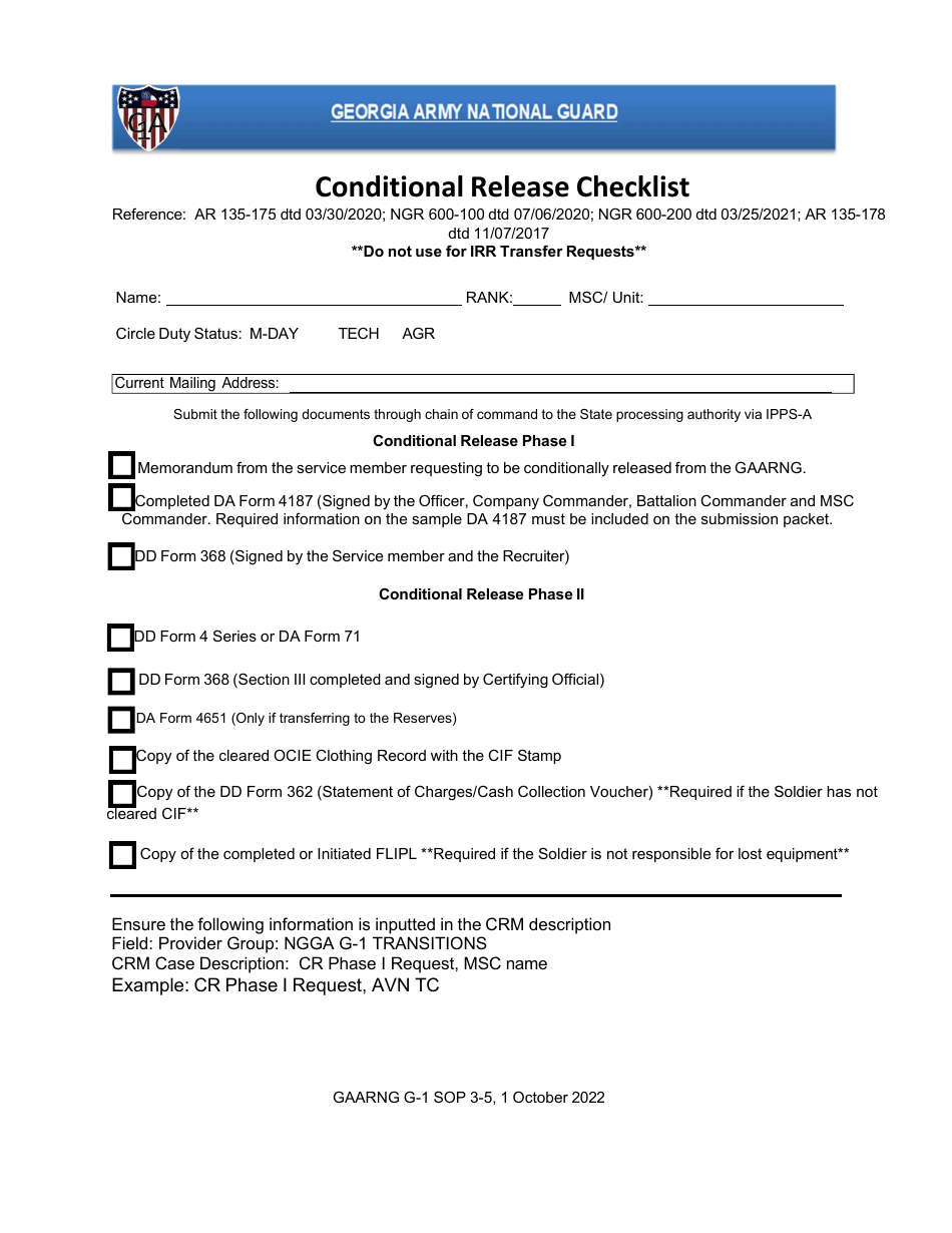 Conditional Release Checklist - Georgia (United States), Page 1