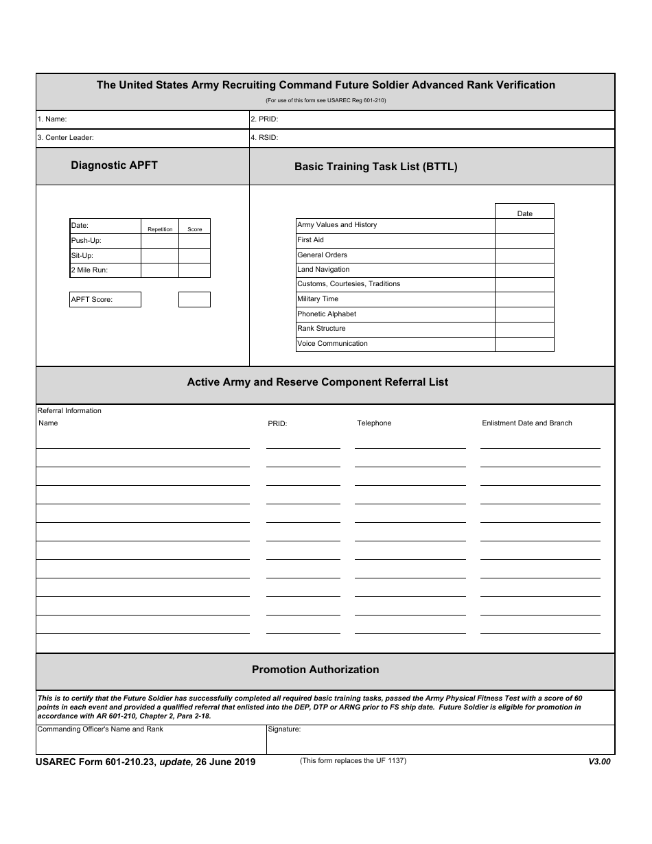 USAREC Form 601-210.23 The United States Army Recruiting Command Future Soldier Advanced Rank Verification, Page 1