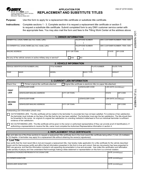 Form VSA67 Application for Replacement and Substitute Titles - Virginia