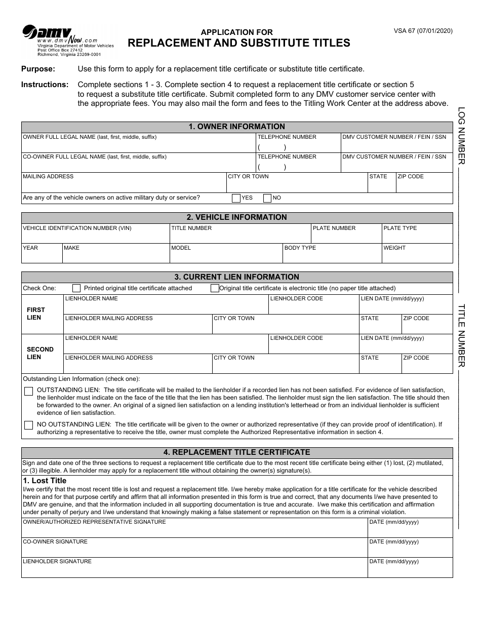 Form VSA67 Application for Replacement and Substitute Titles - Virginia, Page 1