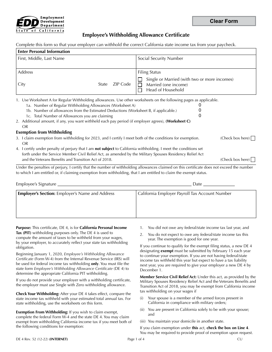 Form DE4 Fill Out Sign Online and Download Fillable PDF California