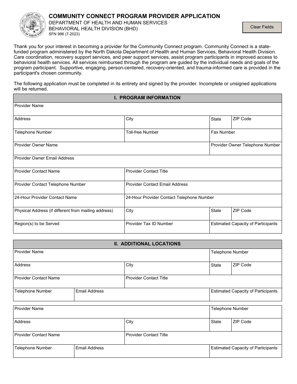 Form SFN986 Community Connect Program Provider Application - North Dakota, Page 1