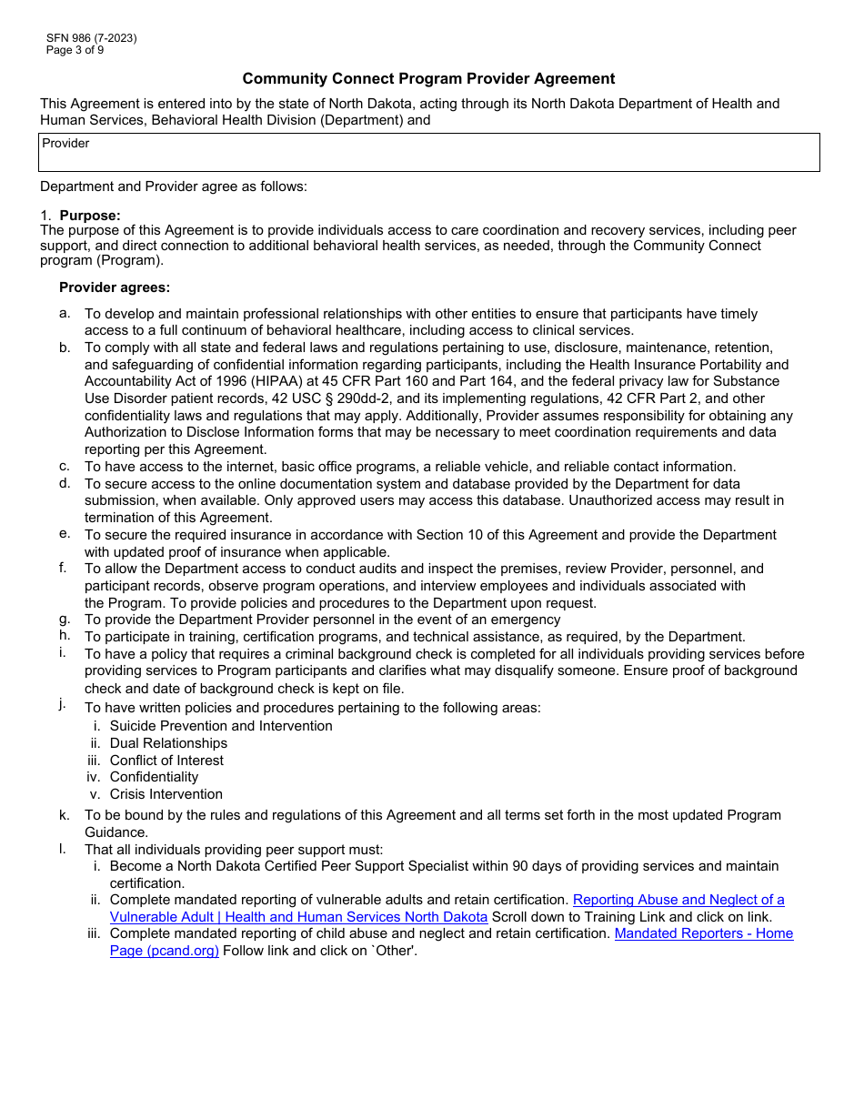 Form SFN986 Community Connect Program Provider Application - North Dakota, Page 3