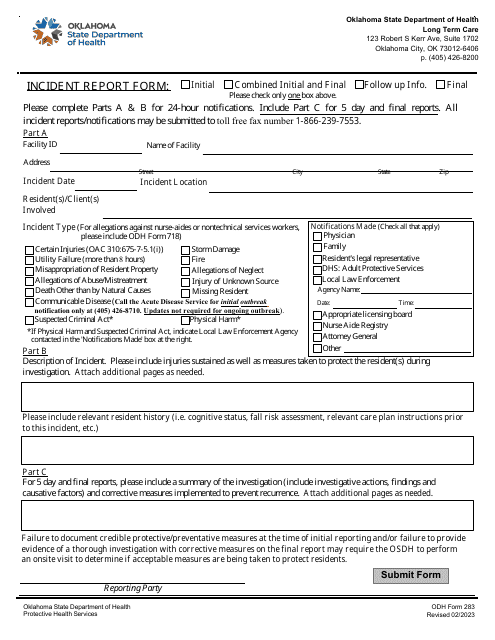 ODH Form 283 Incident Report Form - Oklahoma