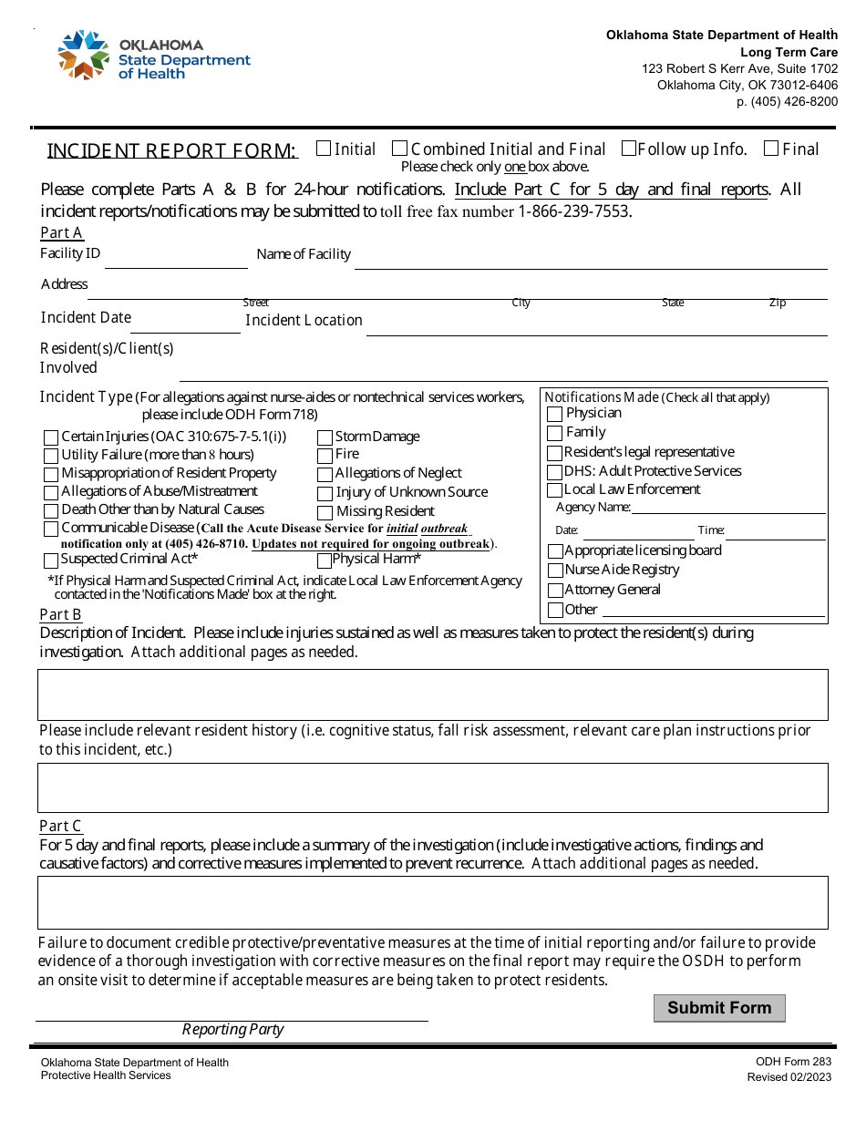 ODH Form 283 Incident Report Form - Oklahoma, Page 1