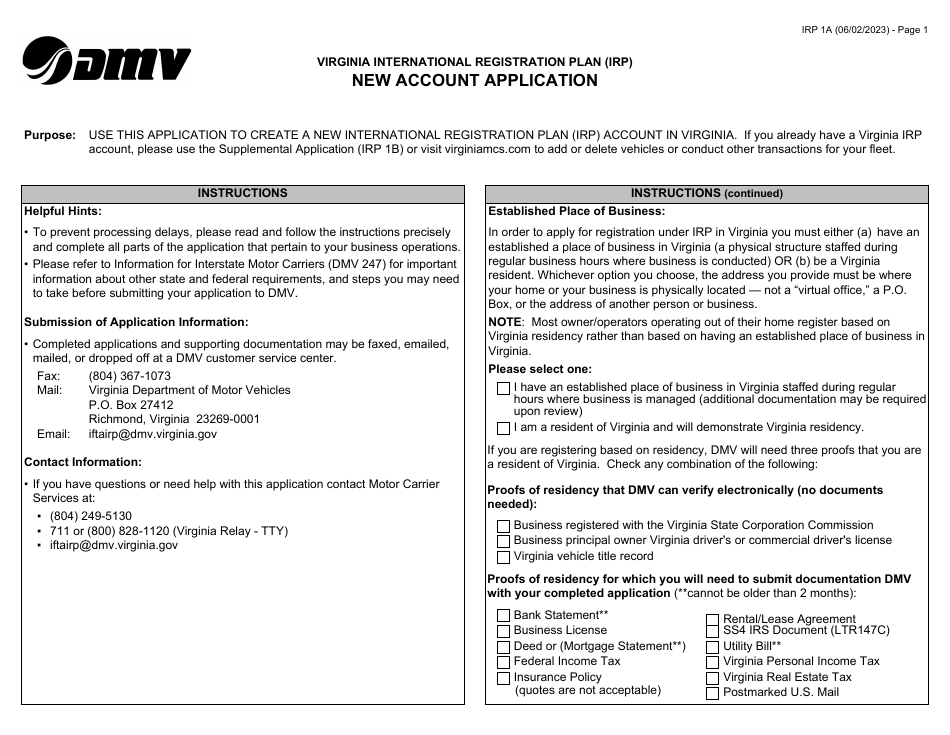Form IRP1A Fill Out, Sign Online and Download Fillable PDF, Virginia