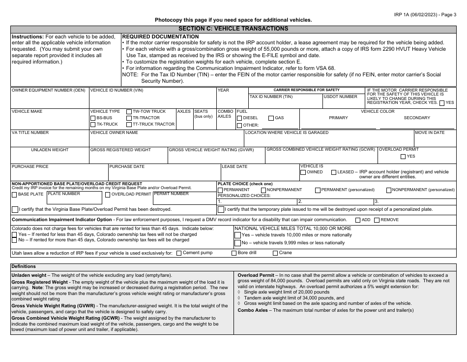 Form IRP1A Virginia International Registration Plan (Irp) New Account Application - Virginia, Page 3