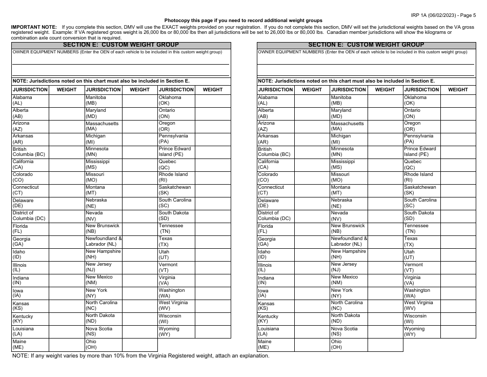 Form IRP1A Virginia International Registration Plan (Irp) New Account Application - Virginia, Page 5