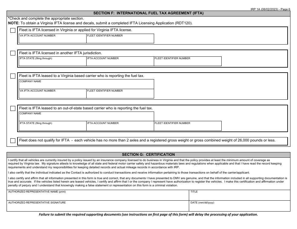 Form IRP1A Virginia International Registration Plan (Irp) New Account Application - Virginia, Page 6