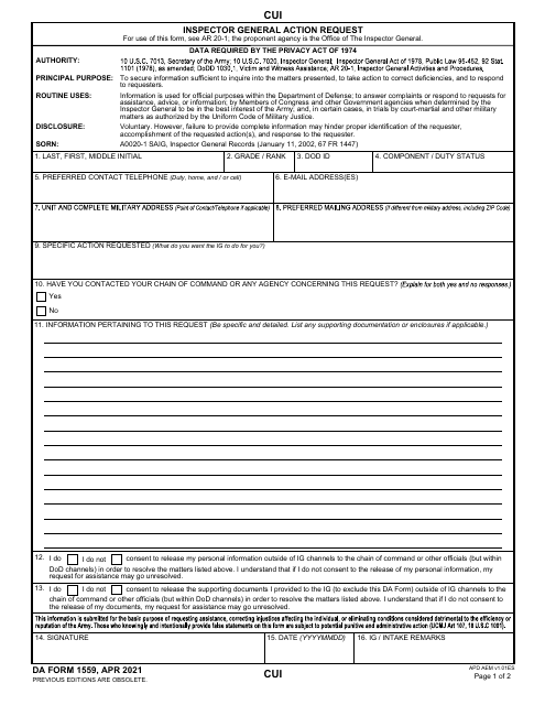 DA Form 1559 Inspector General Action Request