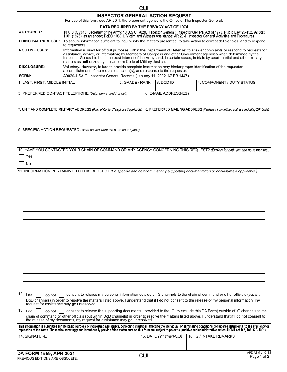 DA Form 1559 Inspector General Action Request, Page 1