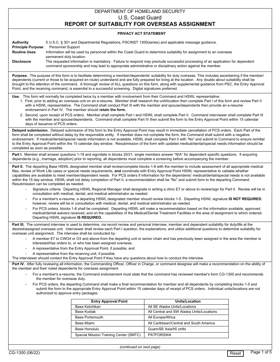 Form CG-1300 Report of Suitability for Overseas Assignment, Page 1