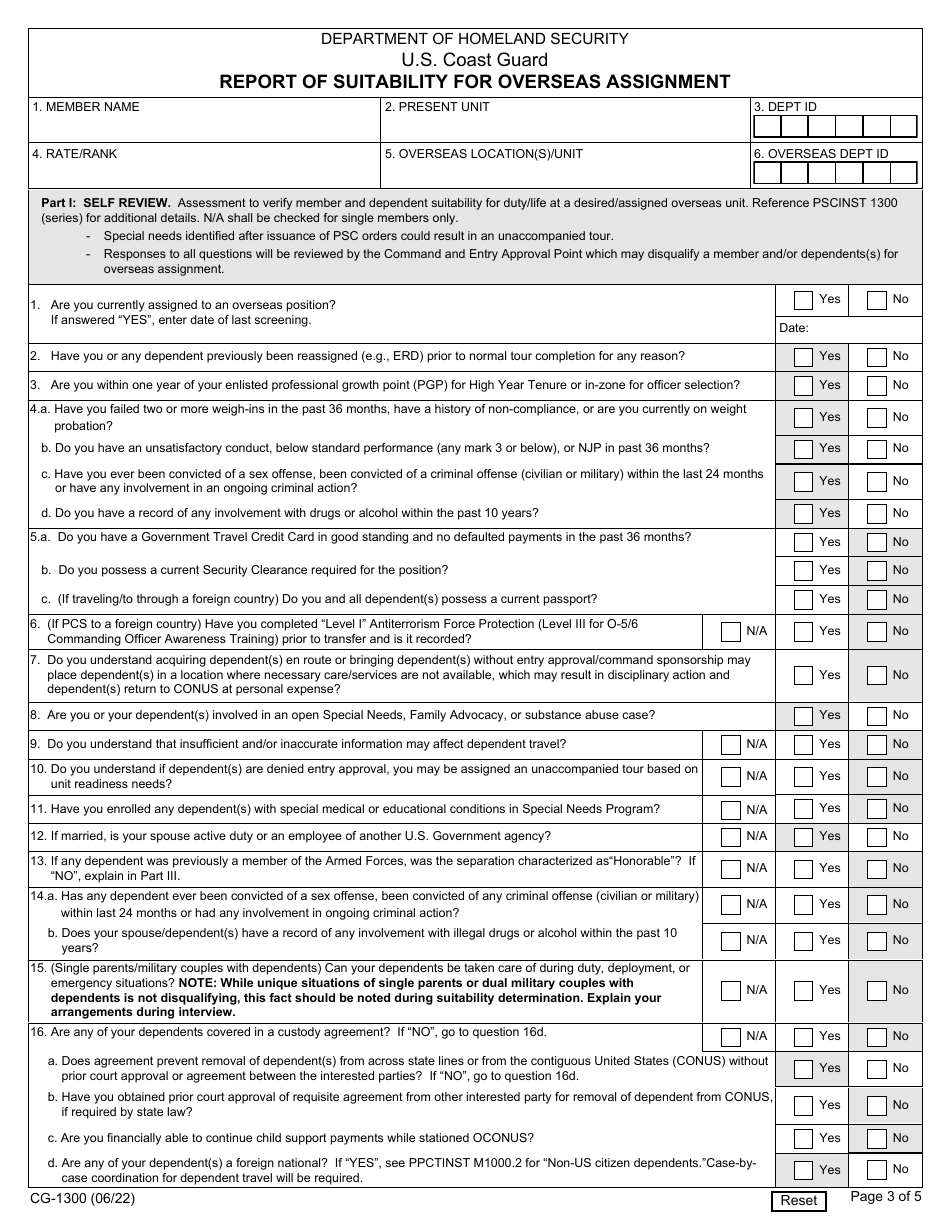 Form CG-1300 Report of Suitability for Overseas Assignment, Page 3