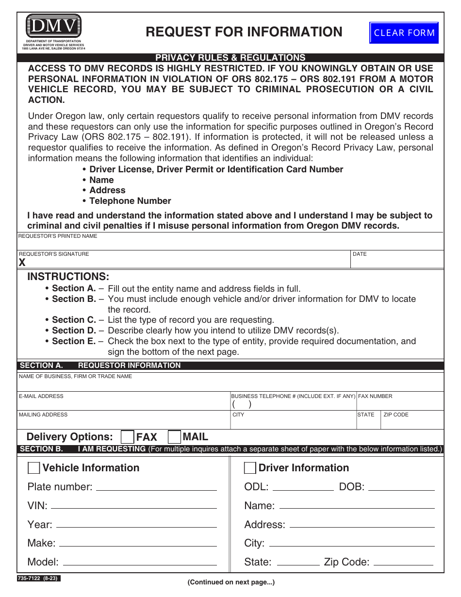 Form 735-7122 Request for Information - Oregon, Page 1