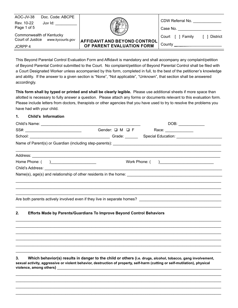 Form AOC-JV-38 Affidavit and Beyond Control of Parent Evaluation Form - Kentucky, Page 1