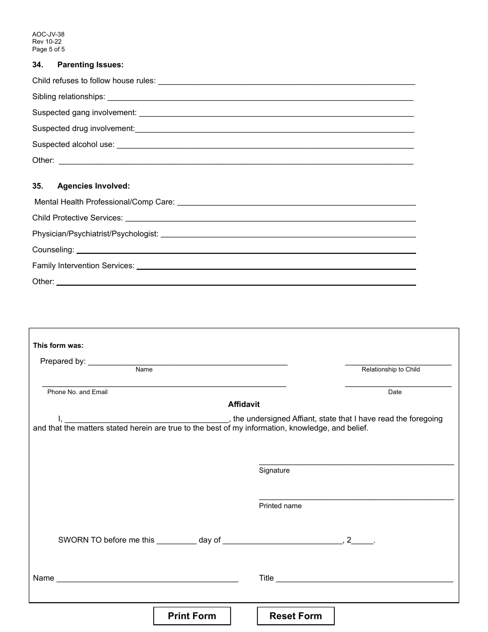 Form AOC-JV-38 Download Fillable PDF or Fill Online Affidavit and ...