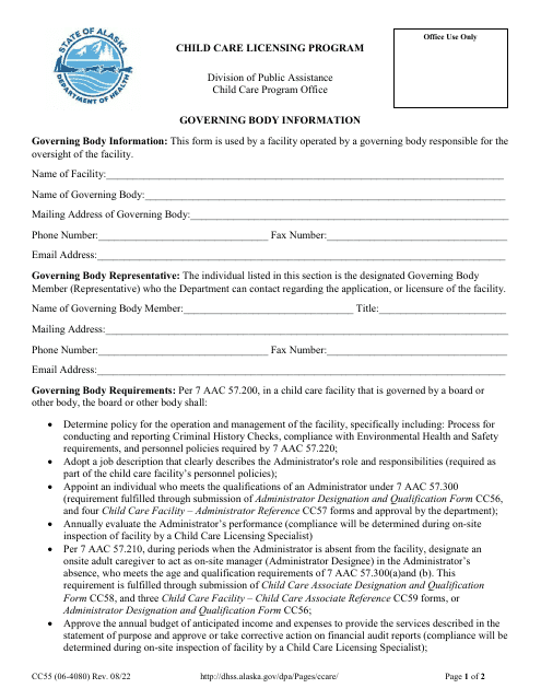 Form CC55 Governing Body Information - Alaska
