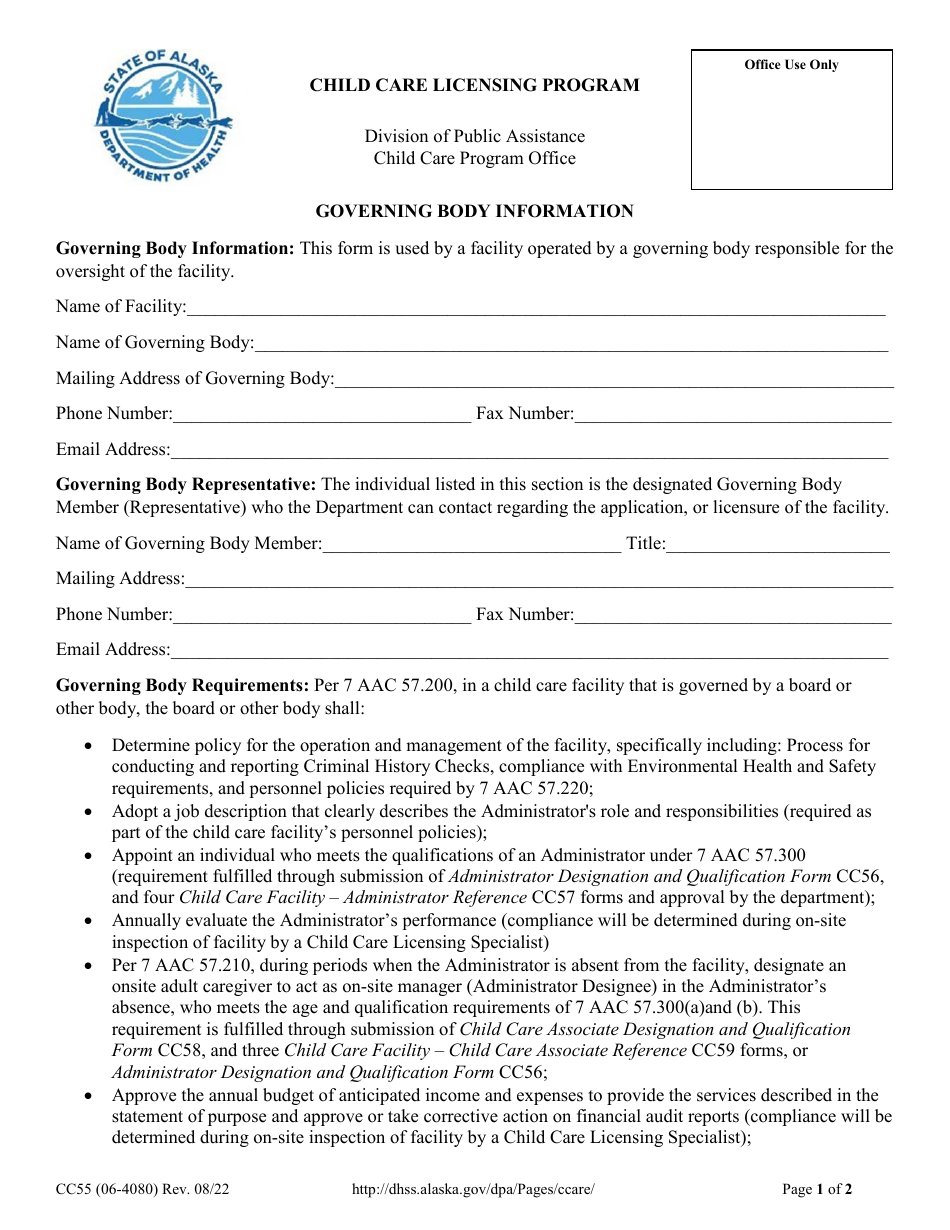 Form CC55 Governing Body Information - Alaska, Page 1