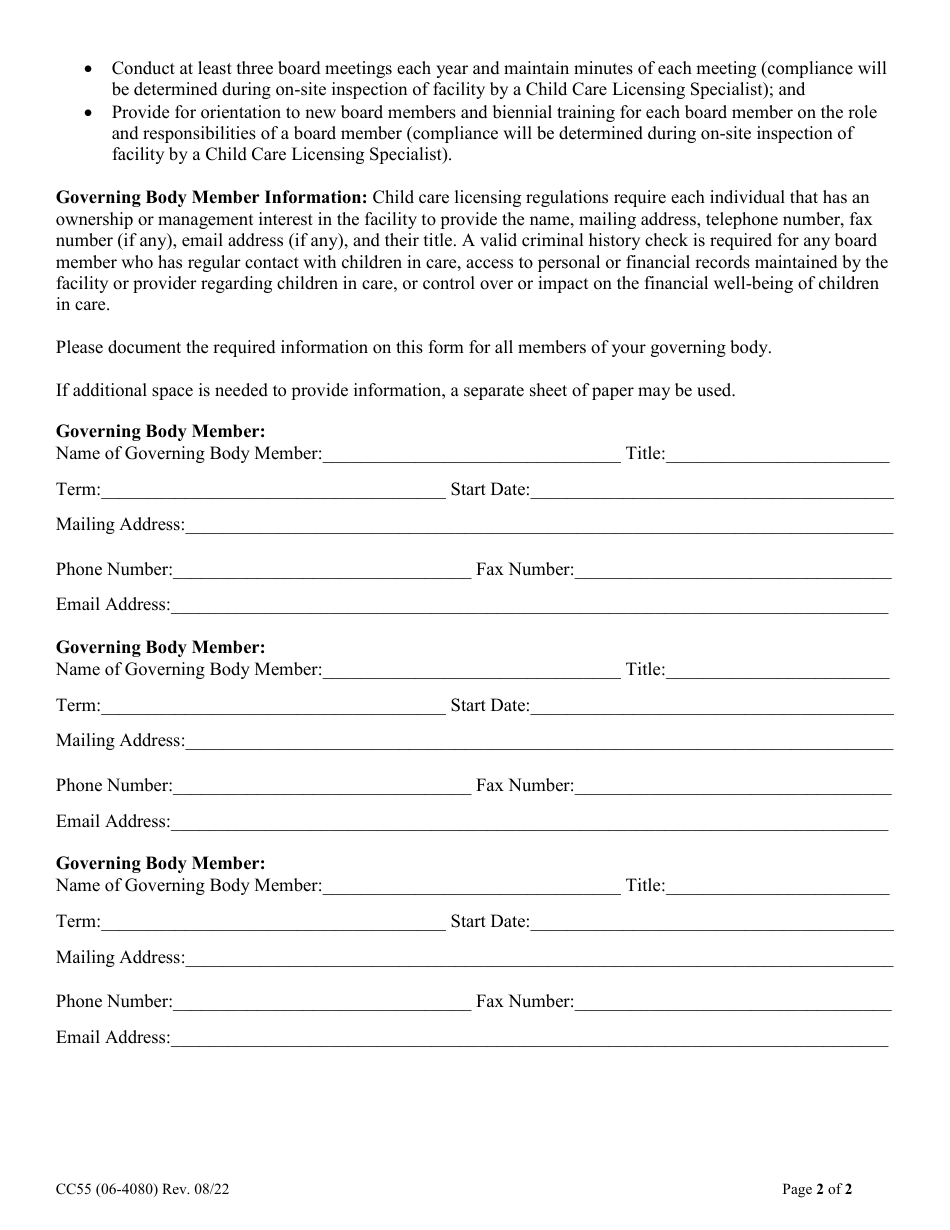 Form CC55 Governing Body Information - Alaska, Page 2