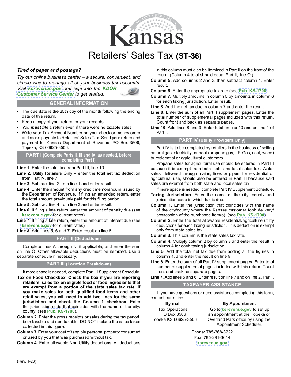 Form ST-36 Part IV Kansas Retailers Sales Tax Return - Utility Companies Supplement - Kansas, Page 1