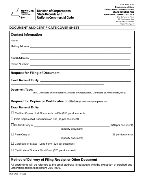 Form DOS-1359-F Certificate of Change for Domestic Limited Liability Companies - New York