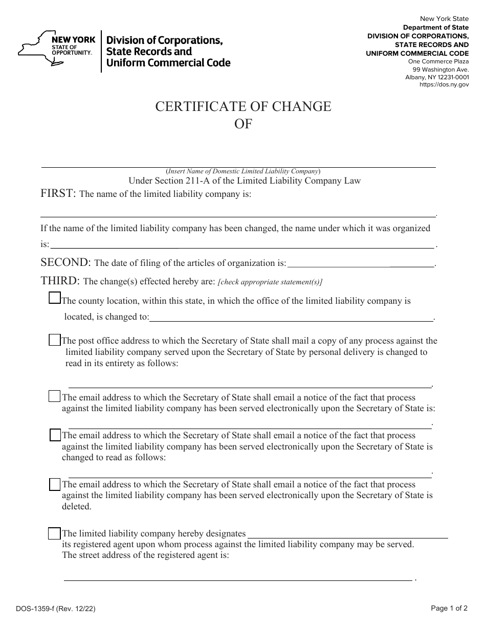 Form DOS-1359-F Certificate of Change for Domestic Limited Liability Companies - New York, Page 2