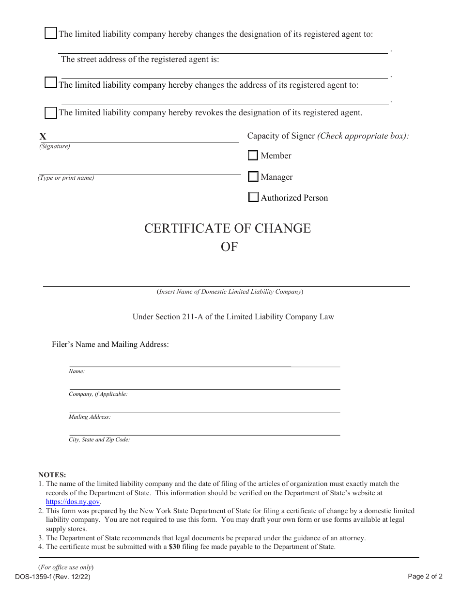 Form DOS-1359-F Certificate of Change for Domestic Limited Liability Companies - New York, Page 3