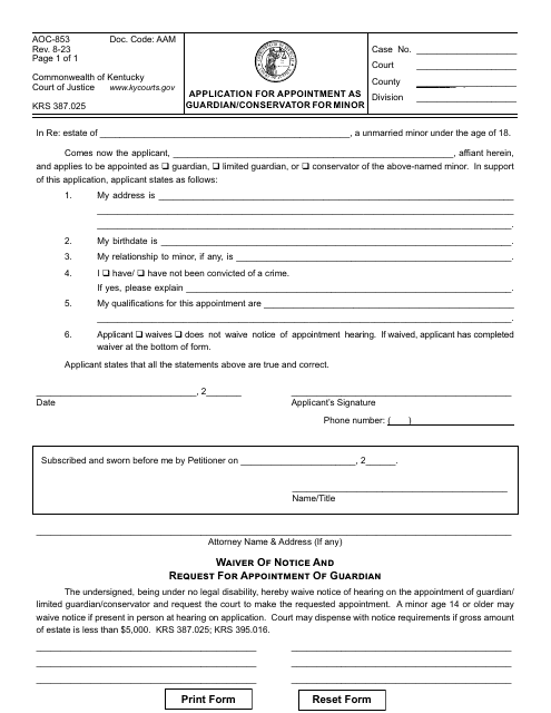 Form AOC-853 Application for Appointment as Guardian/Conservator for Minor - Kentucky