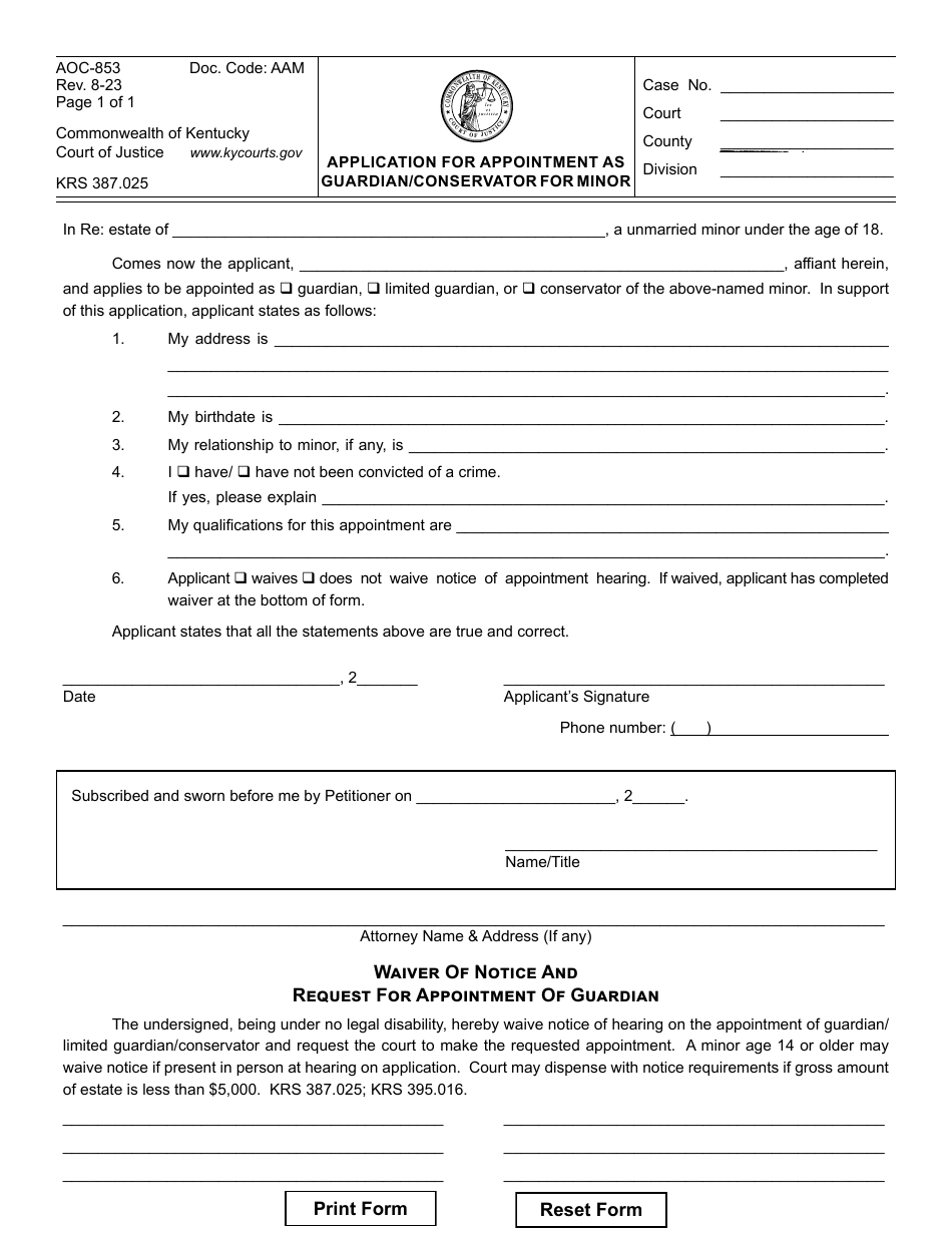 Form AOC-853 Application for Appointment as Guardian / Conservator for Minor - Kentucky, Page 1