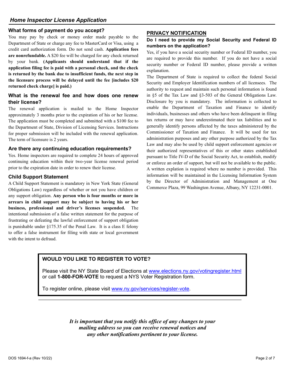 Form DOS1694-F-A Home Inspector License Application - New York, Page 2