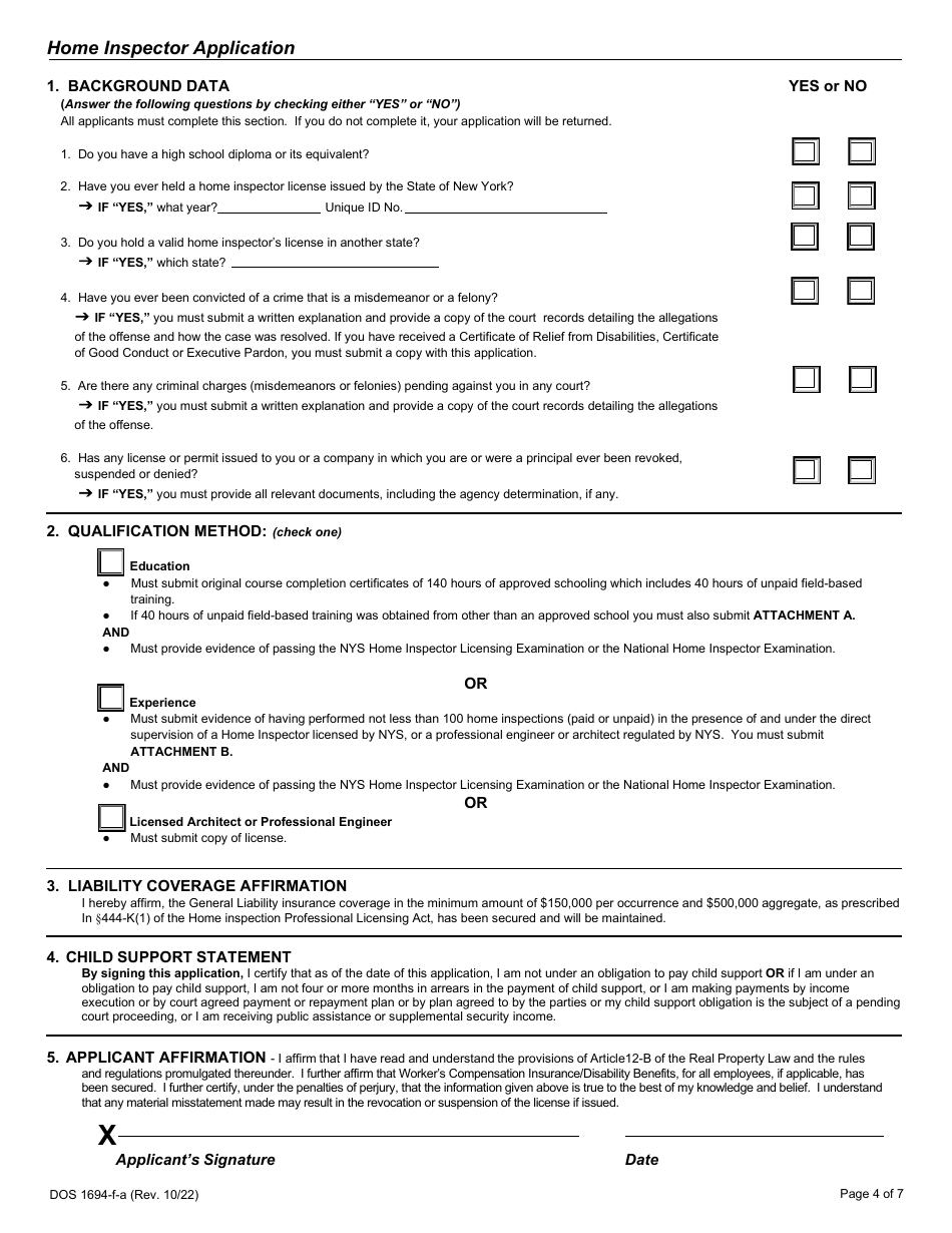 Form DOS1694-F-A Home Inspector License Application - New York, Page 4