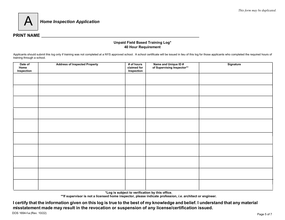 Form DOS1694-F-A Home Inspector License Application - New York, Page 5
