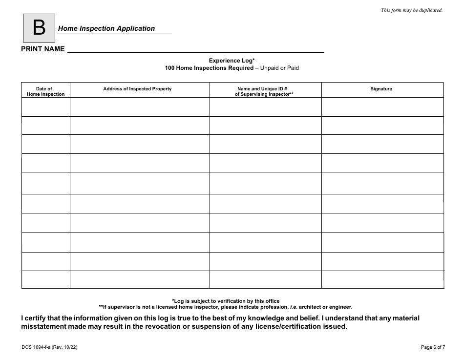 Form DOS1694-F-A Home Inspector License Application - New York, Page 6