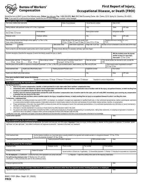 Form FROI (BWC-1101) First Report of Injury, Occupational Disease, or Death (Froi) - Ohio