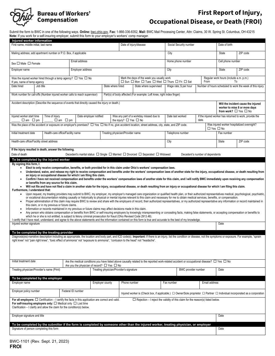 Form FROI (BWC-1101) First Report of Injury, Occupational Disease, or Death (Froi) - Ohio, Page 1