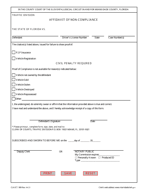 Form CLK/CT.989 Affidavit of Non-compliance - Miami-Dade County, Florida