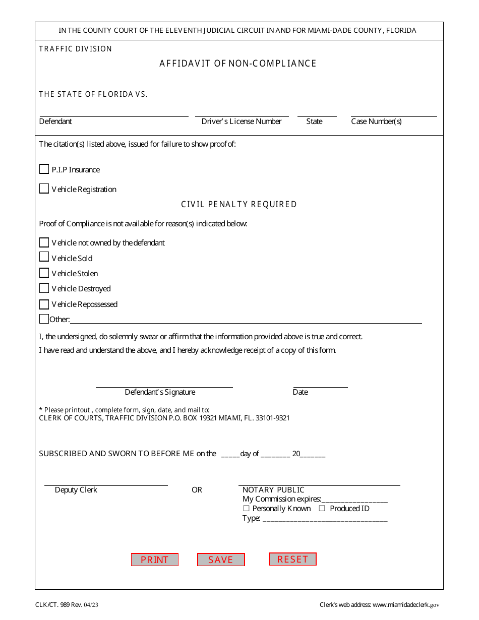 Form CLK / CT.989 Affidavit of Non-compliance - Miami-Dade County, Florida, Page 1